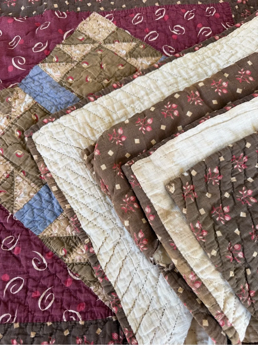 Vintage 4 Patch in Square Hand Sewn Quilt Brown Florals Earth Tones 70x76 CUTTER